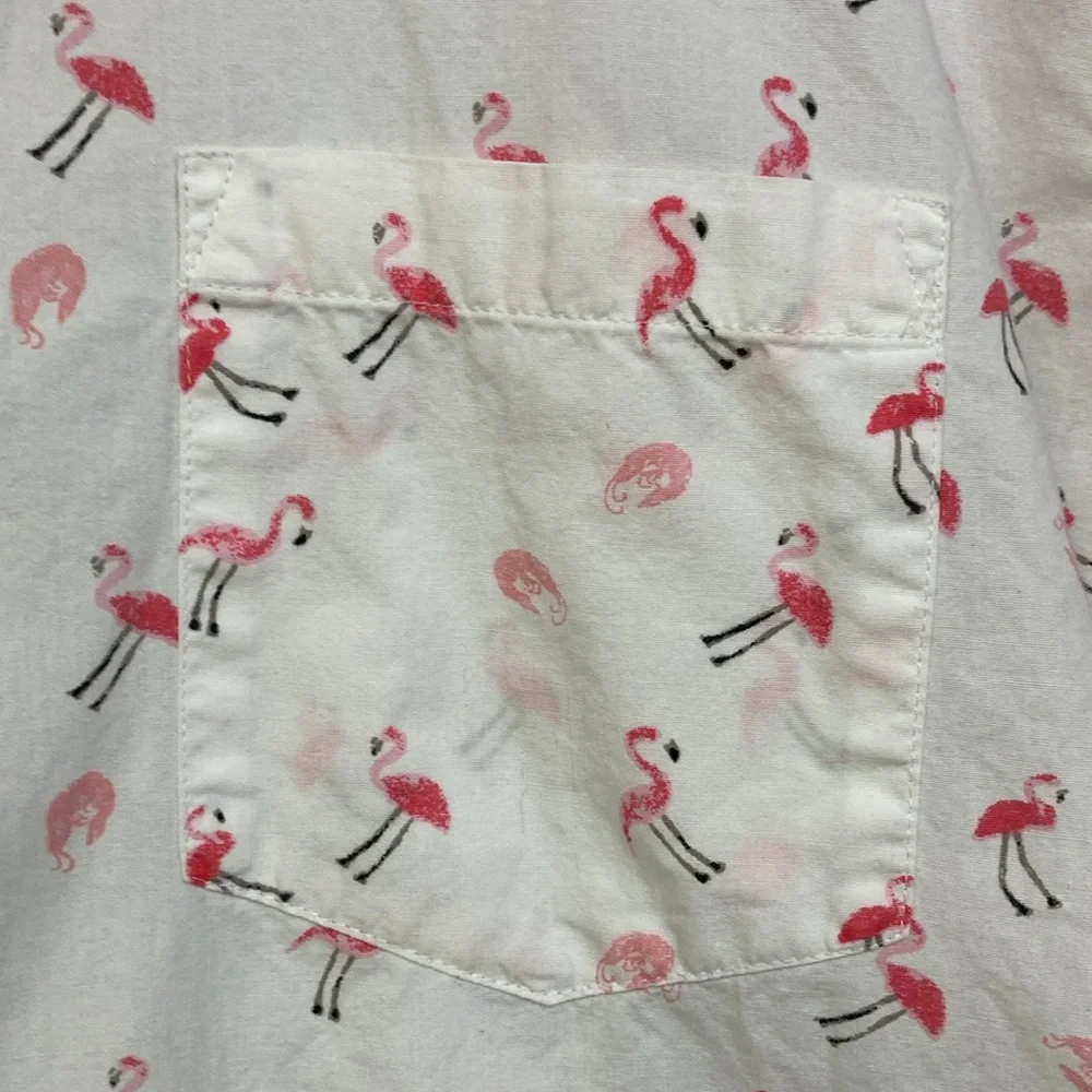 J. Crew White Short-Sleeve Button-Down Shirt with Pink Flamingo Print XL